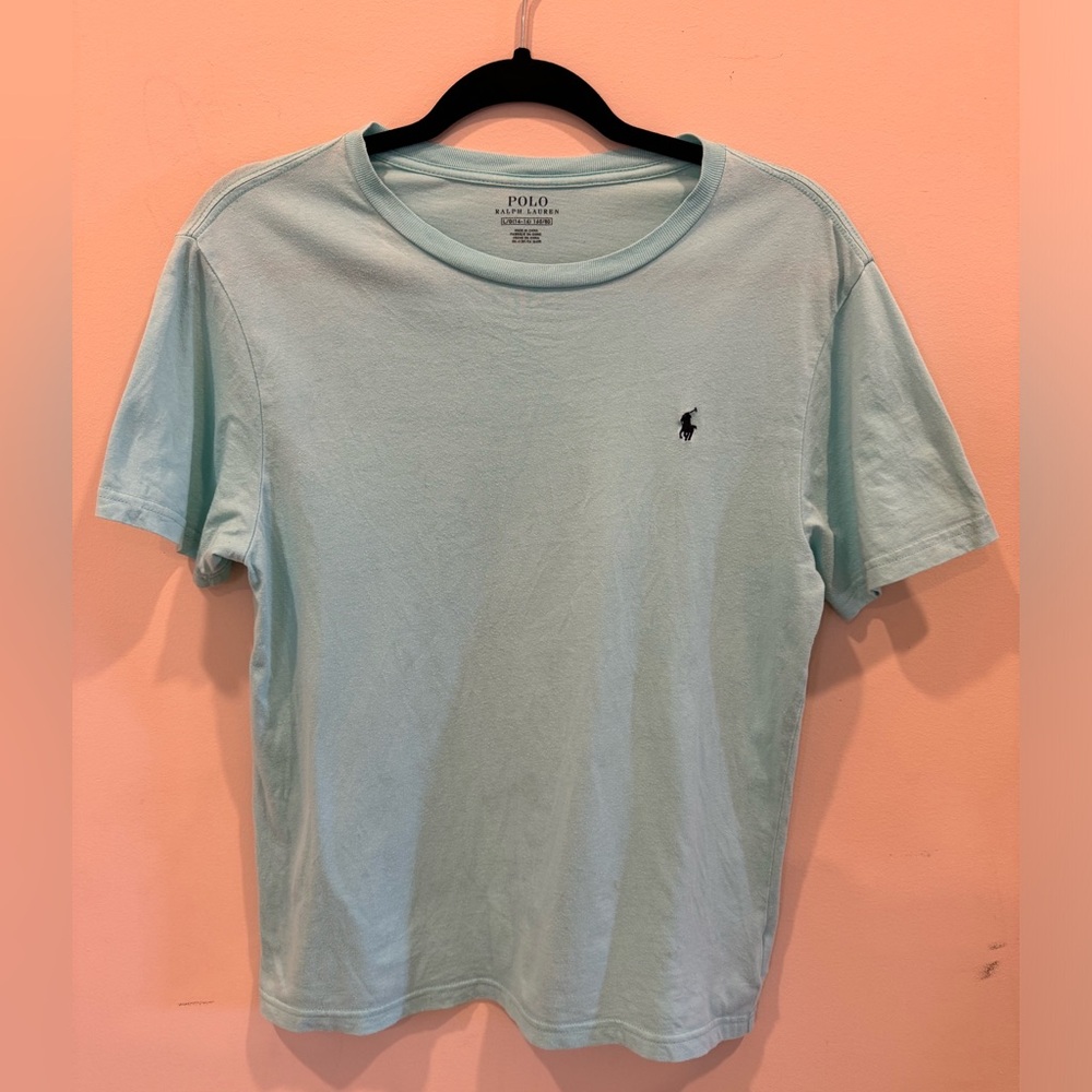 Polo Ralph Lauren Boys T-Shirt Blue With Navy Logo Crew-Neck Sz L(14-16)